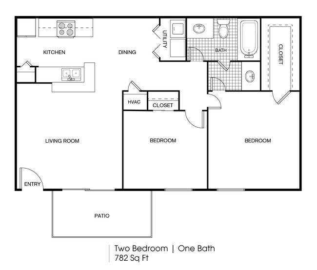 2 bedroom 1 bath 1305A floor plan